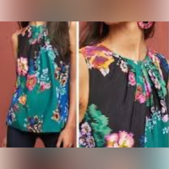 Anthropologie Green and Black Sleeveless Graphic Blouse - Picture 1 of 5